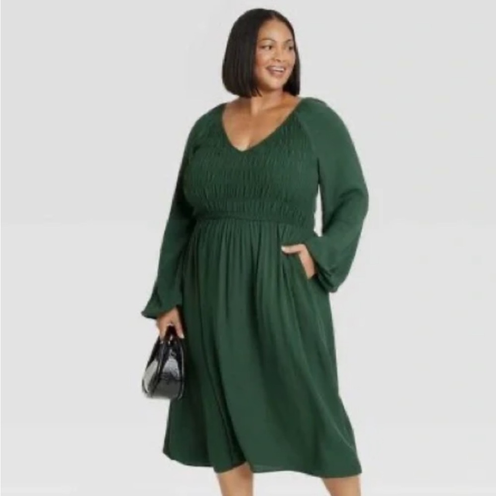 Balloon Sleeve Dark Green Midi Dress